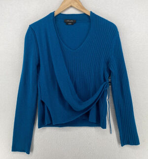 CHRISTOPHER FISCHER Sweater M 100% Cashmere Pullover Wrap Top Tie Side Blue